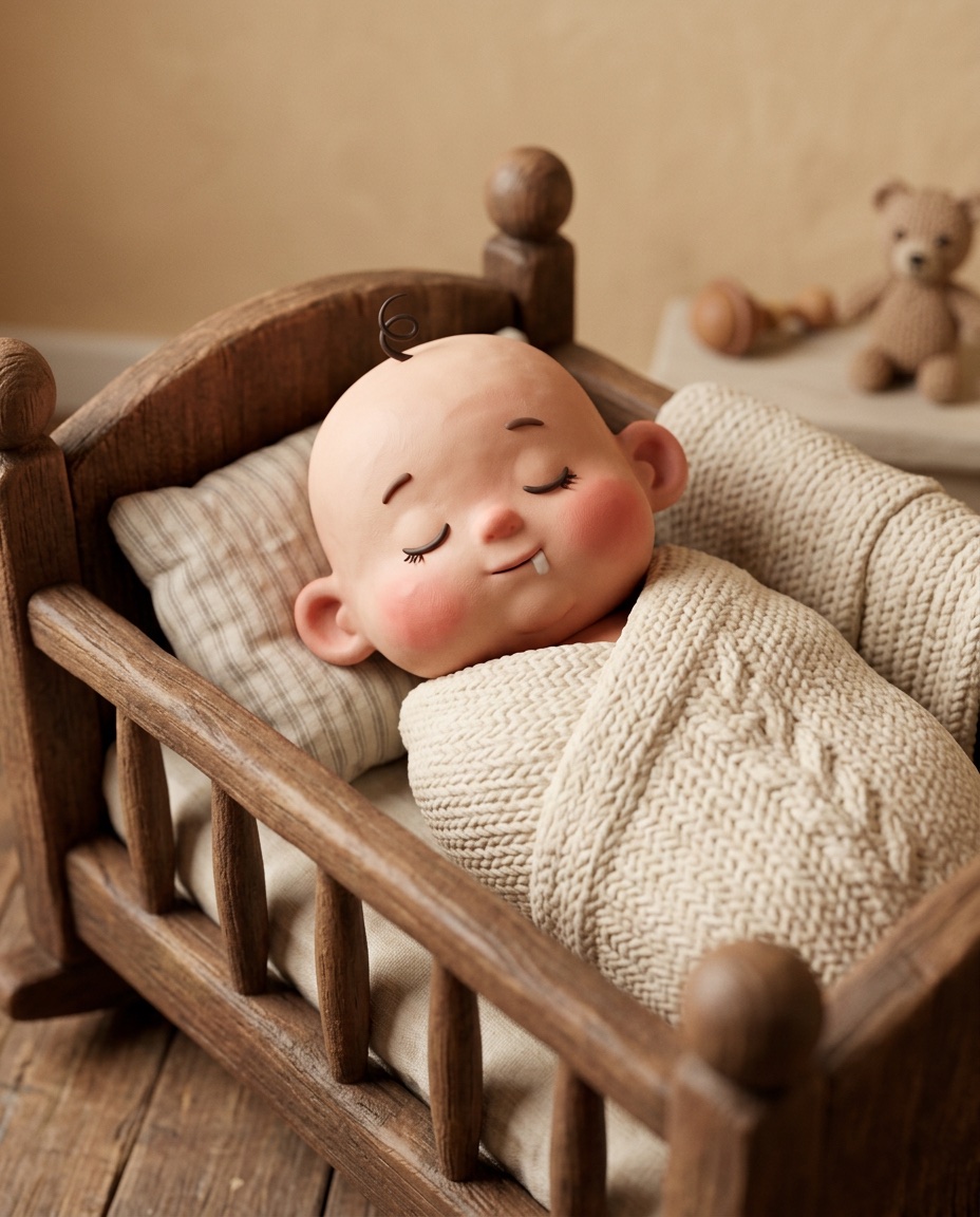 A tiny clay baby asleep in a wooden crib, 1946.