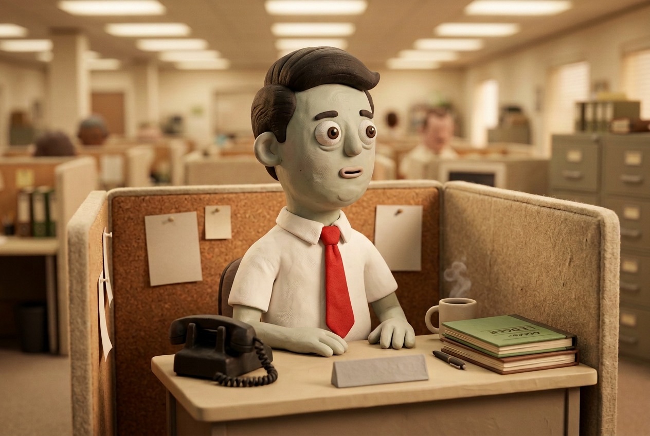 A young-adult Mort at his first beige office cubicle, 1968.