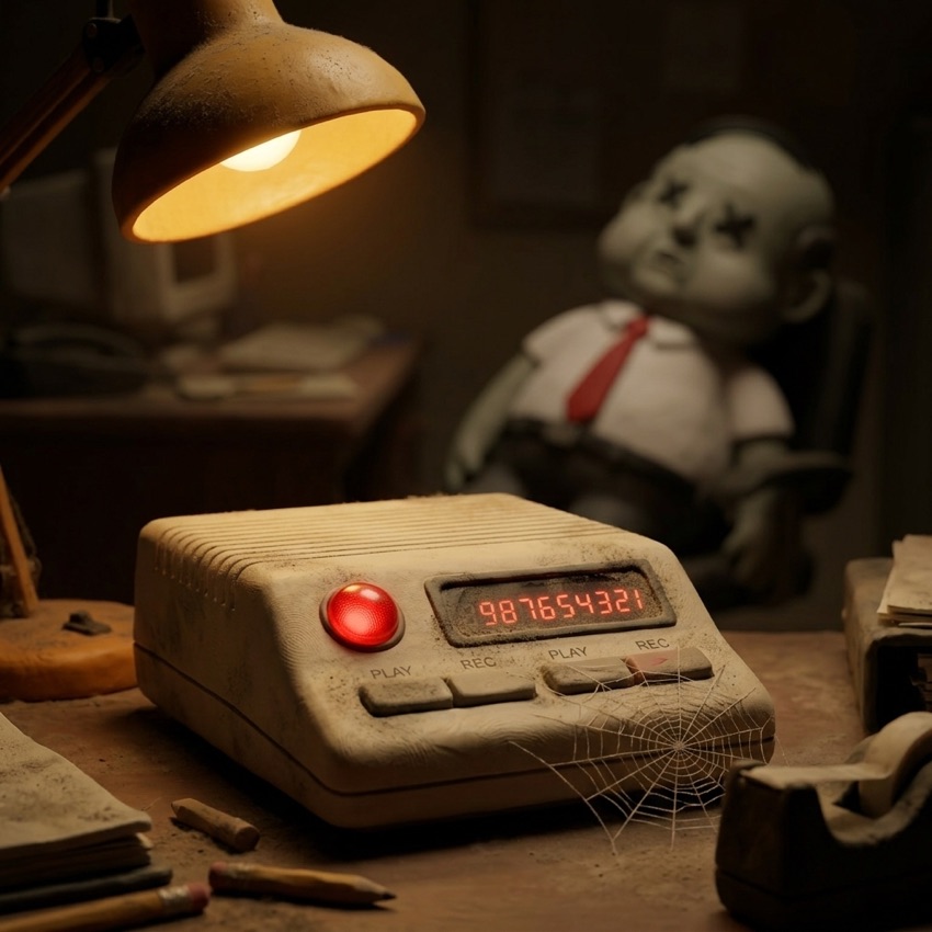 A dusty answering machine with a cobweb showing an enormous message count.
