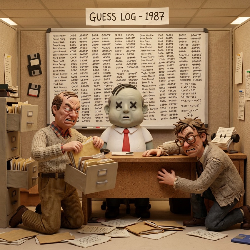 Two colleagues tearing Mort's cubicle apart beneath a whiteboard headed GUESS LOG 1987, every password guess crossed out.